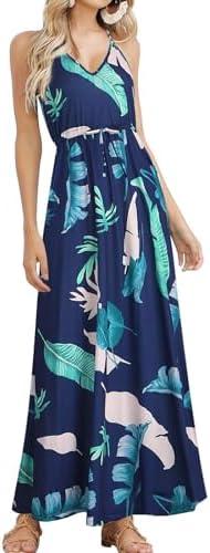 HUSKARY Womens Summer Sleeveless V Neck Spaghetti Strap Pockets Beach Boho Vacation Casual Spring Maxi Dress S