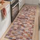 DEXI Hallway Runner Rug, 2x5 Distressed Non Slip Runners Carpet, Boho Vintage Soft Thin Indoor Rug, Stain Resistant Washable Entry Mat for Entryway Kitchen Laundry Room Living Room, Brown Blue