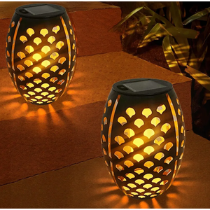 2PCS Solar Table Lanterns with Flickering Flame Light Outdoor Waterproof, Metal Desktop Decorative Lamp with Hollow Design for Tabletop Garden, 7.3" H Black Shell