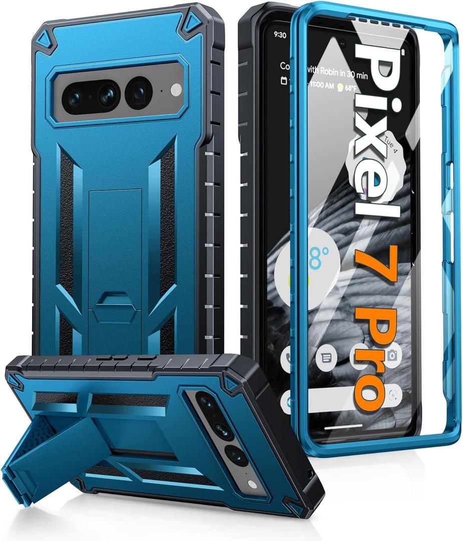 FNTCASE for Google Pixel 7-Pro Phone Case: Shockproof Protective with Built-in Screen Protector & Kickstand - Heavy Duty Dual Layer Rugged Military Grade Drop Proof Cell Phone Cover (Blue Black)