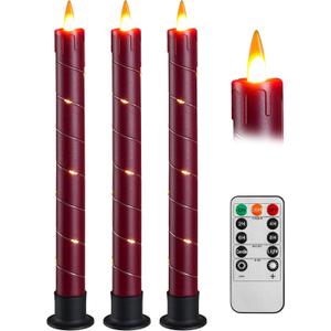 Da by 3 Pcs Flickering Flameless Battery Operated Taper Candle-Window Candles with Remote and Time-LED 3D Dynamic Flame-9.6 Inches for Wedding, Party,Home Decoration- Red