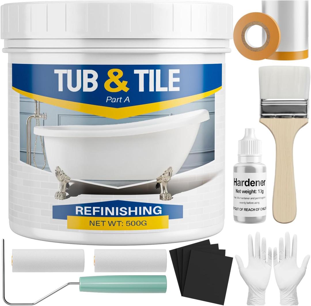 Tub and Tile Paint Refinishing Kit, 17oz Bathtub Refinishing Kit with Tools, DIY Tub Paint White for Bathtub, Shower, Kitchen Countertop, Porcelain, Easy to Cover & Low Odor, 25-30sq.ft