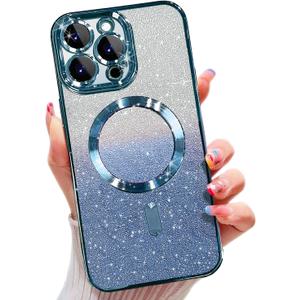 Misscase for iPhone 16 Pro Magnetic Glitter Case Compatible with MagSafe,Camera Lens Protector Full Protection Elegant Anti-Scratch Dust-Proof Net Case Cover for iPhone 16 Pro Blue