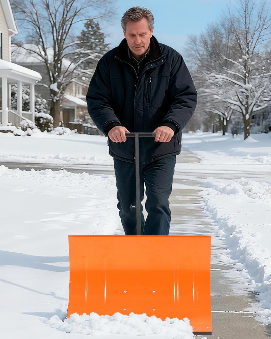 Wheeled Snow Plow Shovel, 20" H Heavy-Duty Steel Orange Blade with Single Handle, 5 Angles, 2 Wheels, Back Saver Pusher for Snow Removal on Driveway, Sidewalks and Doorways
