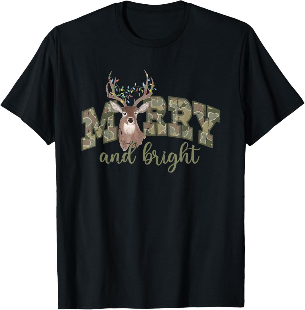 Merry and Bright, Camo Deer, Hunter Christmas T-Shirt, S