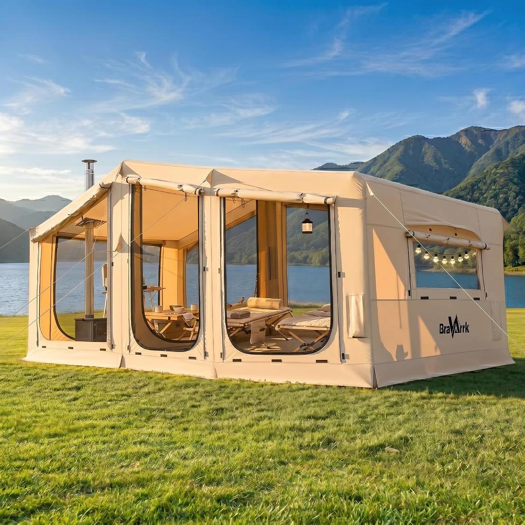 Inflatable Tent for Camping,16.4'x7'x7' Blow Up Tent 8-12 Person,3 Room Tent with Divided Curtain,Hot Tent with Stove Jack, Inflatable House with Pump, Quick Setup Air Glamping Tent for Family Outdoor