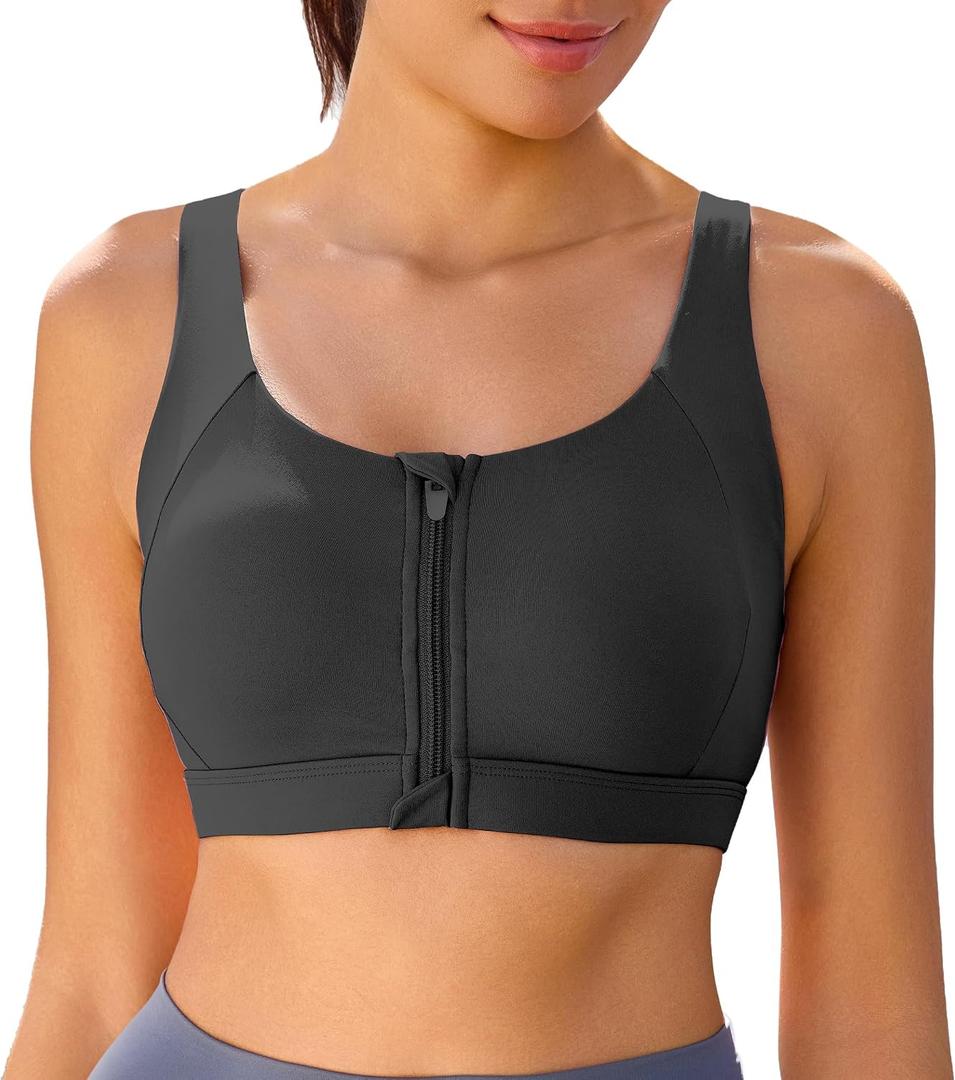 Front Zipper Sports Bras Adjustable High Impact Sports Bras U Back High Support Yoga Bra with for Yoga & Gym Workouts (Black, XXL)
