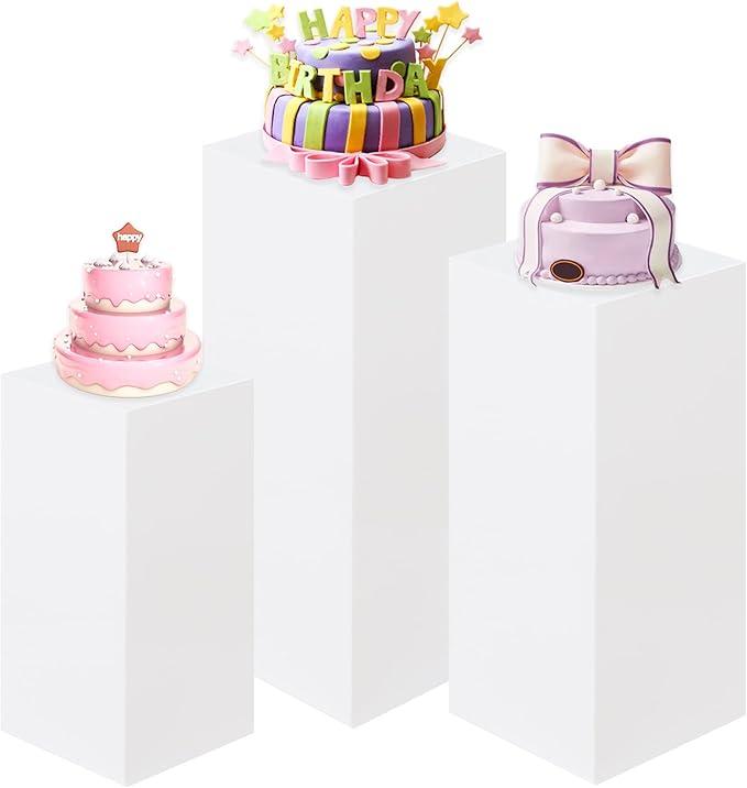 HAISIWLKJ 3PCS Square Pedestal Stands for Parties, White Metal Square Plinths Dessert Table Cube Display Pillars for Birthday Wedding Bridal Baby Shower Party Decorations(Large)