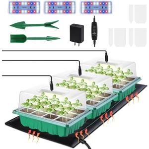 3-Pack Seed Starter Trays with Heat Mat, Seed Starter Kit with Grow Lights, 36 Large Cells Seed Germination Kit with Adjustable Humidity Vents for Indoor Plants Seeds Starting, Ideal Gardening Gifts (M3 with Heat Mat)