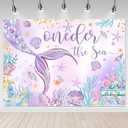 Mocsicka Oneder The Sea 1st Birthday Backdrop 7x5ft Purple Mermaid Under The Sea Happy First Birthday Party Decorations for Girls Starfish Shell Seaweed Photography Background