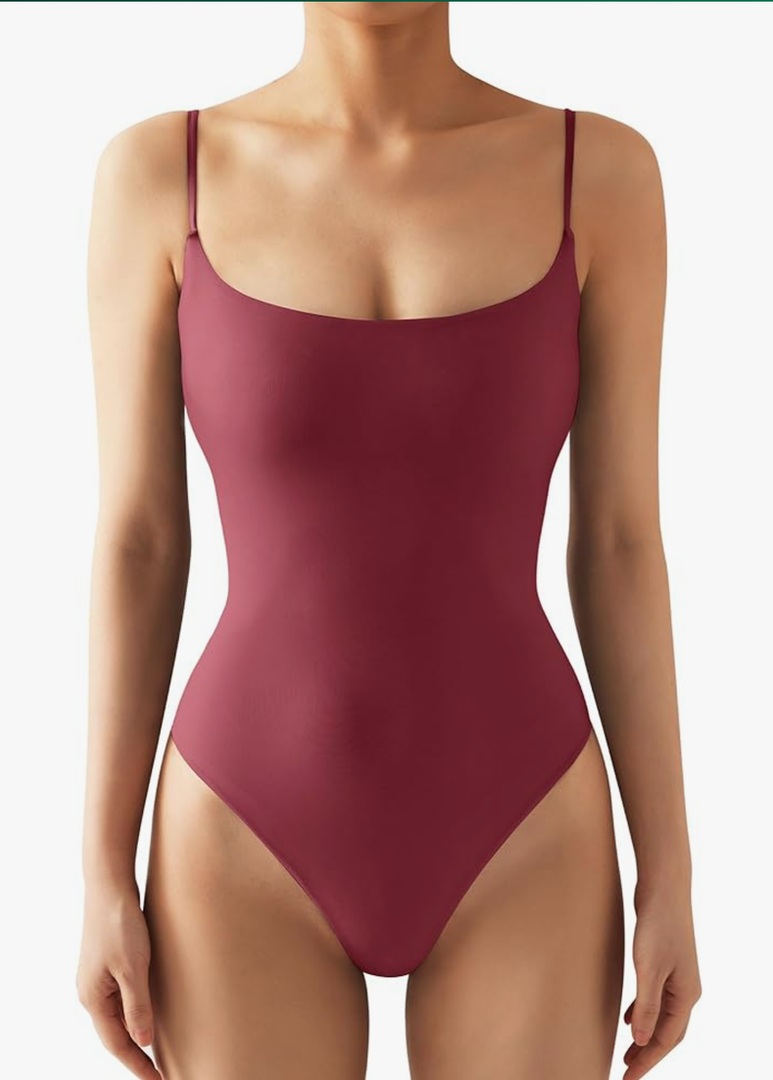 SUUKSESS Women Sexy Square Neck Thong Bodysuit Backless Cami Bodysuit Top, Small, Maroon 