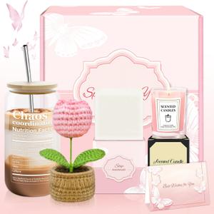 Appreciation Gifts for Coworkers, Farewell Gifts for Coworkers with 16 Oz Glass Cup, Scented Candle, Knitted Tulip Decor, Thank You Gift for Christmas, Thanksgiving, Birthday Gift for Women, Employee (Pink)