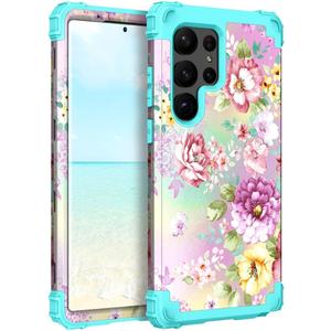 Hocase for Galaxy S23 Ultra Case, Shockproof Heavy Duty Hard Plastic+Soft Silicone Rubber Bumper Hybrid Dual-Layer Protective Case for Samsung Galaxy S23 Ultra 6.8" 2023 - Purple/Pink Flowers