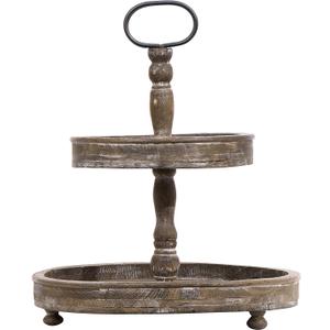 Distressed Brown Wood 2-Tier Tray with Metal Handle