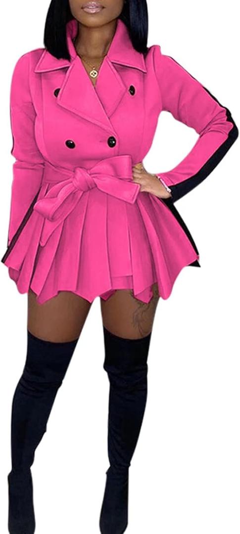 RAMOUG Two Tone Lapel V Neck Double Breasted Peplum Jacket Sexy Belted Blazer Mini Dress (Medium, A06 Rose Pink)