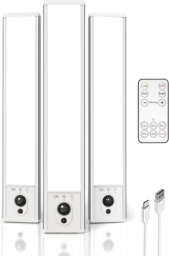 EZVALO 3 Pack Under Cabinet Lighting, Rechargeable Motion Sensor Light, LED Closet Lights Wireless, 5700K Dimmable, Timer, Magnetic, with Remote Control for Kitchen, Closet, Stair (Cool White)