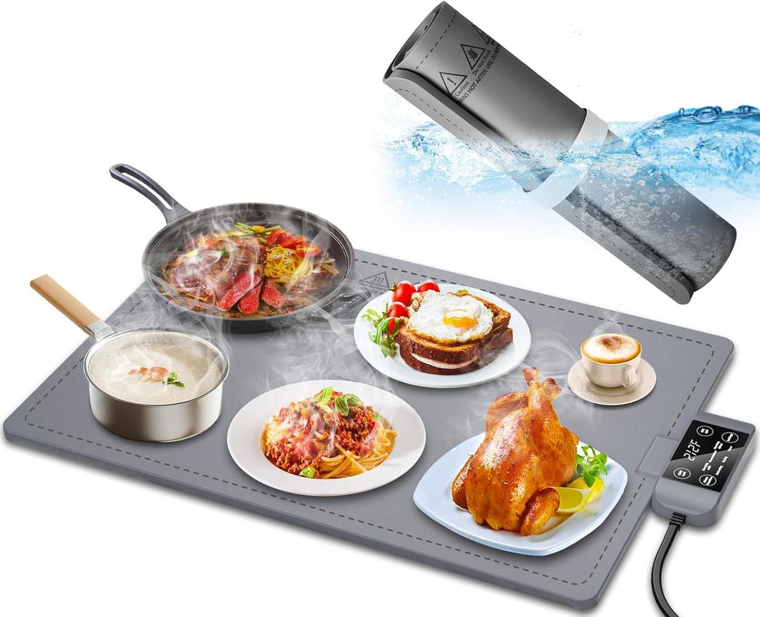 Waterproof Electric Food Warming Mat, Food Grade Silicone Warming Tray with 17 Temp Setting and 6 Hours Timer, Full Surface Warming Mat for Food, Roll Up Food Warmer Mat for Parties (Dark Gray)