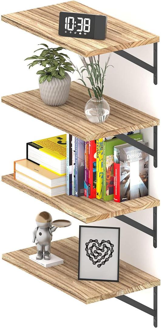 Deep Floating Shelves 10" D x 16.5" W Set of 4, Rustic Wood Wall Bookshelves for Living Room, Kitchen, Laundry Room, Bathroom, Bedroom, Books, Plants, and More (Natural Burned Finish)