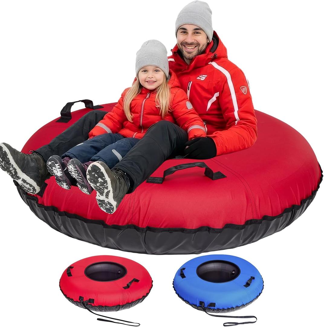 Snow Tube, 45''/48'' Rubber Snow Tubes with Commercial Grade Canvas Cover for Kids & Adults, Inflatable Heavy Duty Snow Sled Thickened Hard Bottom with Tow Strap, Sleds Winter Gifts