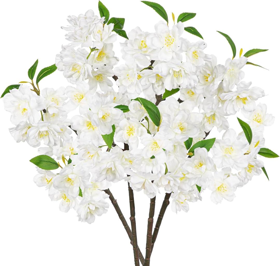 DILATATA 17" Cherry Blossom Branches for Vase Faux Cherry Flowers Picks White Peach Blossom for Floral Arrangements Artificial Apple Blossom Fake Silk Flower for Home Wedding Table Decor-4 Pcs