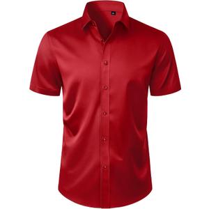 Men's Short Sleeve Dress Shirts Stain Shield Stretch Button Down Shirt Business Casual Formal Wedding Office Tops (Red, L)