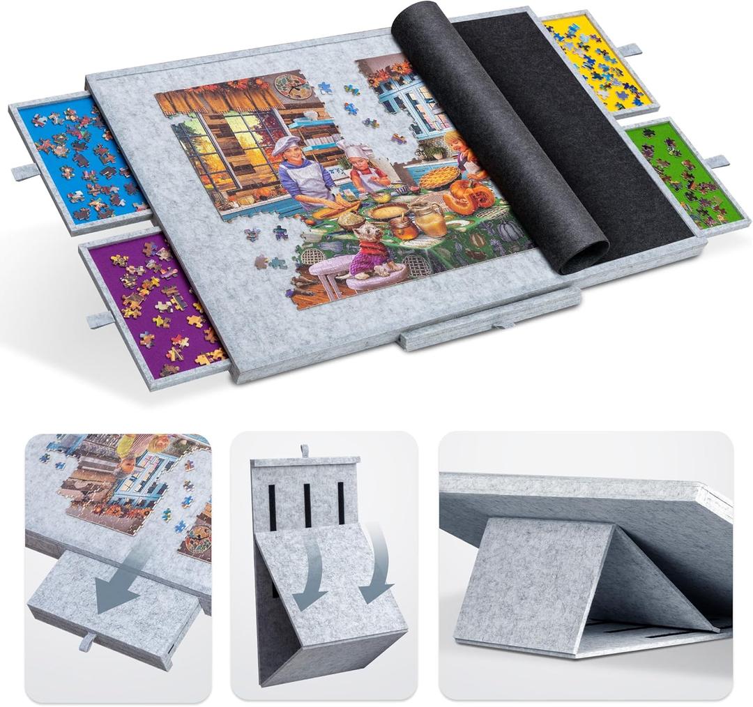 Tektalk Jigsaw Puzzle Table with Integrated Adjustable Stand/Bracket, 3-Tilting-Angle Super Lightweight Felt Puzzle Plateau Board with Cover & 4 Sorting Drawers (Light Gray, for Up to 1500 Pieces)