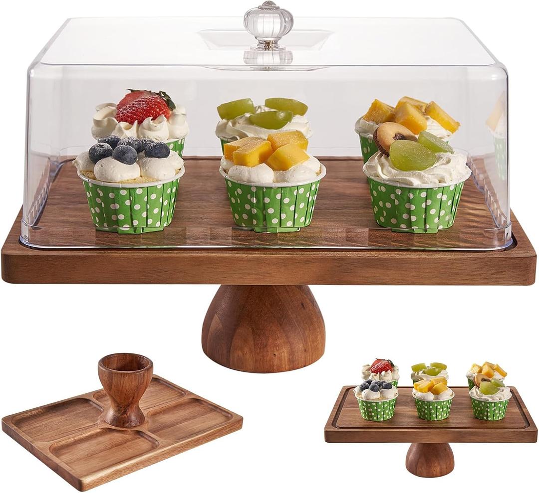LiTY Cake Stand with Lid, 13 Rectangular Multi-Functional Cake Holder, Acacia Solid Wood 2-in-1 Dessert Table Display Set, Charcuterie Board for Cheese ,Fruit Platter, Large Acrylic Cake Dome Cover
