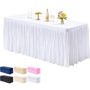 PARTISKY 1 Pack White Tablecloths for Rectangle Tables 8ft, Wrinkle Resistant White Table Cover Fitted Stretch Table Cloth with Pleated Ruffle Skirts for Party Banquet Dining Birthday Wedding