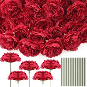 100 Pcs Flowers Long Stem Artificial Rose, 3.2 Inches Silk Rose Head Flowers Fake for Wedding Bridal Bouquet Independence Day Home Floral DIY Centerpieces Party Decoration(Wine Red)
