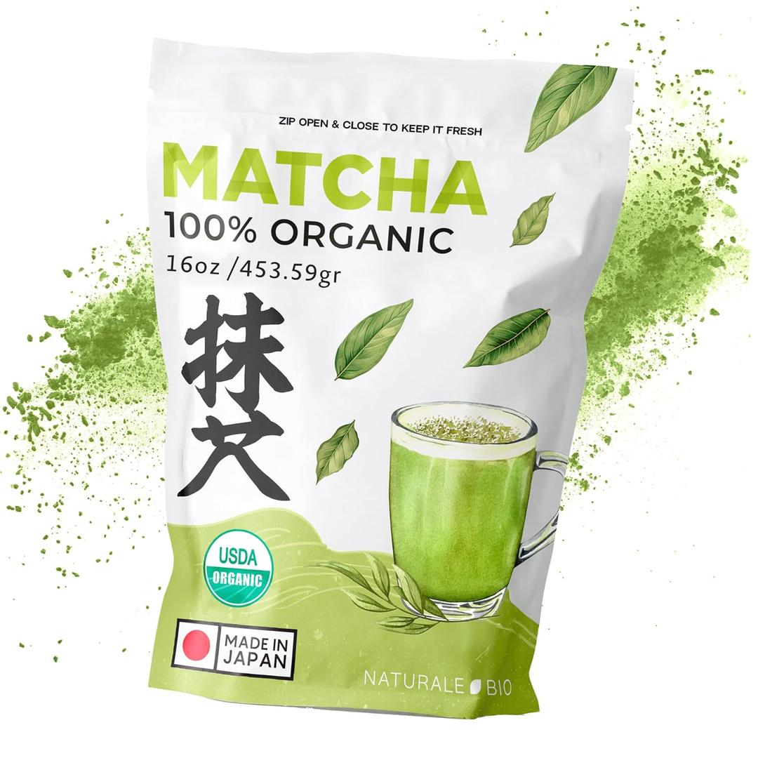 NaturaleBio Matcha Powder, 16oz - Harvested in Japan - USDA Organic Matcha Green Tea Powder - Vegan & Vegetarian Friendly