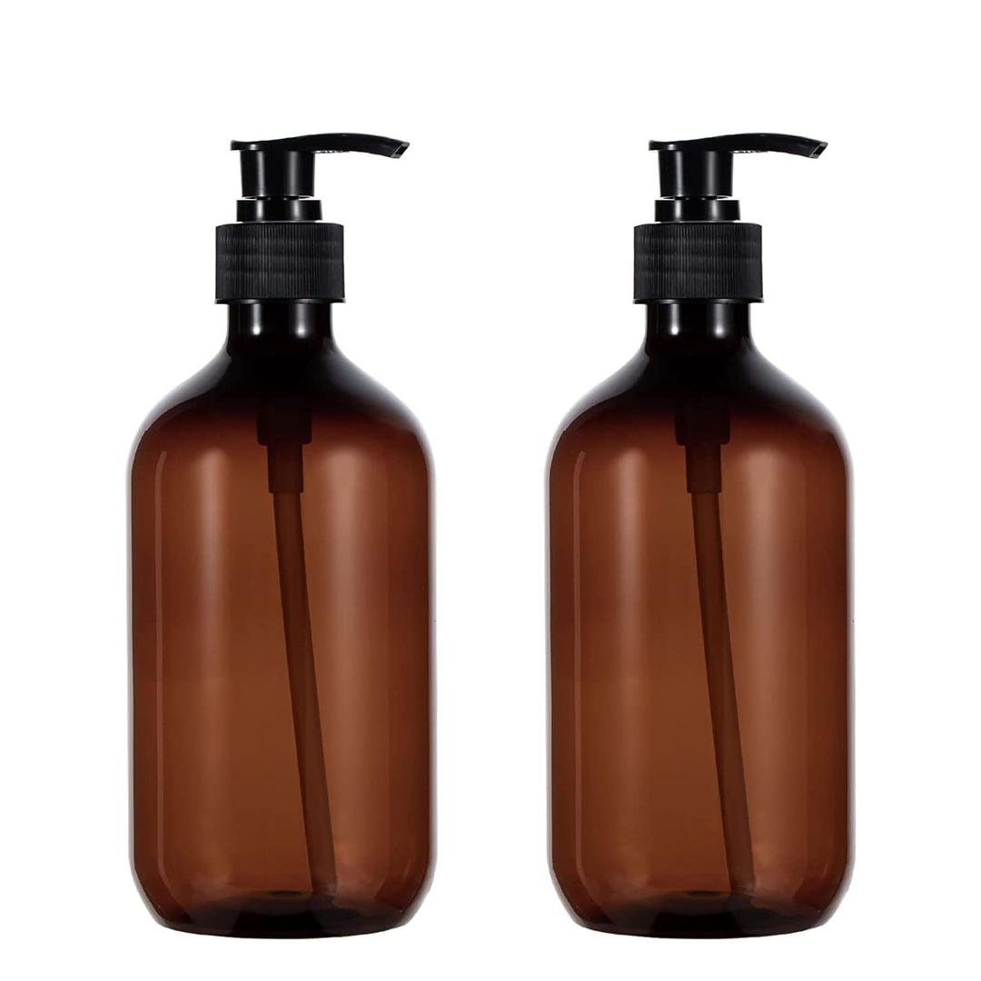Shampoo Bottles with Pump, 17oz Refillable Amber Plastic Pump Dispenser Bottle for Soap Shampoo Conditioner, 2 Pack (500ml, Brown)