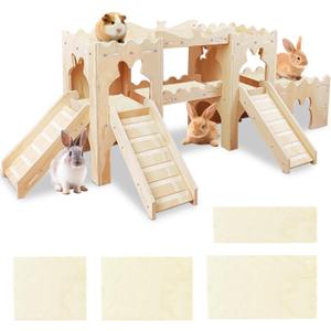 Extra Large Wooden Rabbit Castle Hideaway Tunnel and Bed Small Animal Hideaway Hut Solid Safe Construction Play Hideaway Hut for Rabbit Guinea Pig Chinchilla