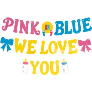 2 x "PINK OR BLUE WE LOVE YOU" Baby Shower Decorations Gender Reveal Banner with Bow, Bottle & Footprints, Neutral Themed Welcome Baby Party Decor Paper Banner Kit