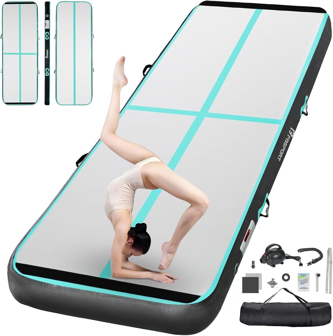 FBSPORT Inflatable Air Gymnastics Mat Training Mats 4/8 inches Thickness Gymnastics Tracks for Home Use/Training/Cheerleading/Yoga/Water with Pump (10ftL*3.3ftW*8inH, Black Green)