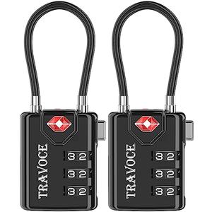 TRAVOCE TSA Approved Luggage Locks - Heavy Duty 3 Digit Combination Cable Lock, Search Alert for Suitcases, Backpacks, Golf Bags, Tents, Violin and Camera Cases, 2 Pack, Black