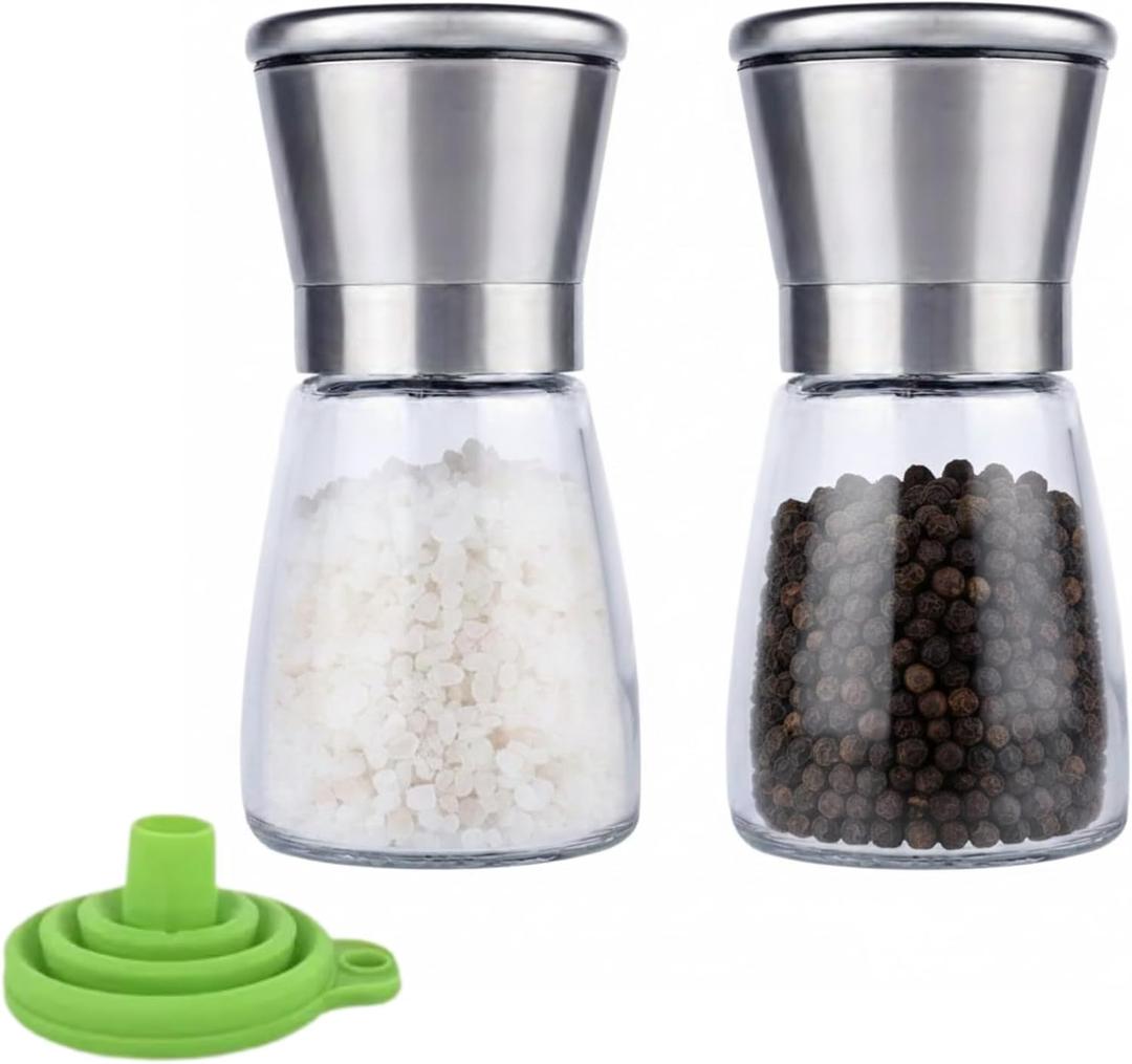 NAZANIN Salt and Pepper Mill Set (2 Pack) - Refillable Glass Bottles with Stainless Steel Grinders - Adjustable Ceramic Coarseness, 5oz, Includes Green Filling Funnel