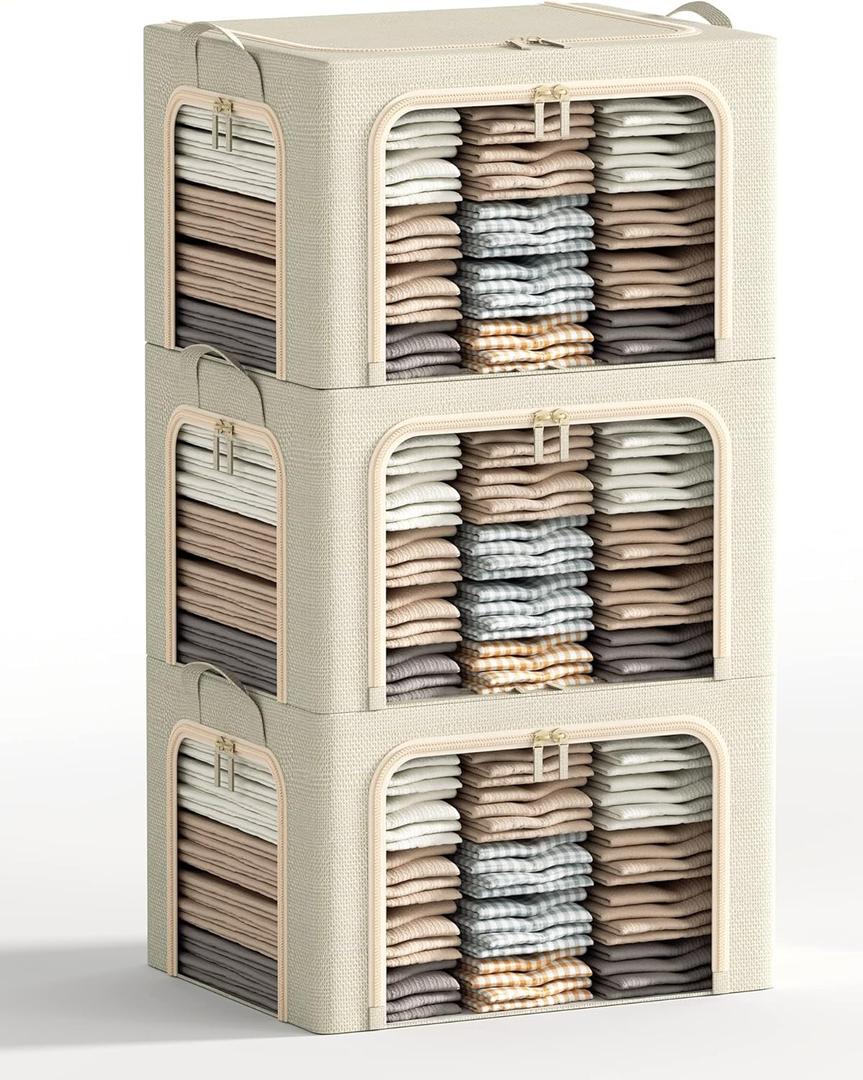 3 Opeings Large Clothes Storage Bins with Metal Frame, Foldable Storage Bin for Clothes, Clothing Storage Bins with Lid, Linen Storage Box With Clear Window Zippers Durable Handles.(3 Pcs,Beige,66L) (Large-(19.7 x 15.7 x 13)in)