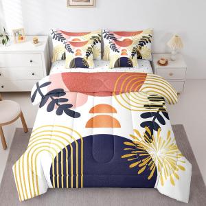 Boho Mid Century Bed in a Bag Queen Comforter Set 7 Piece,Abstract Geometric Modern Minimalist Bedding Sets Geometry Line Art Sheet Set with Comforter,Circle Graphic Ombre Stripes Bed Set,Orange Blue