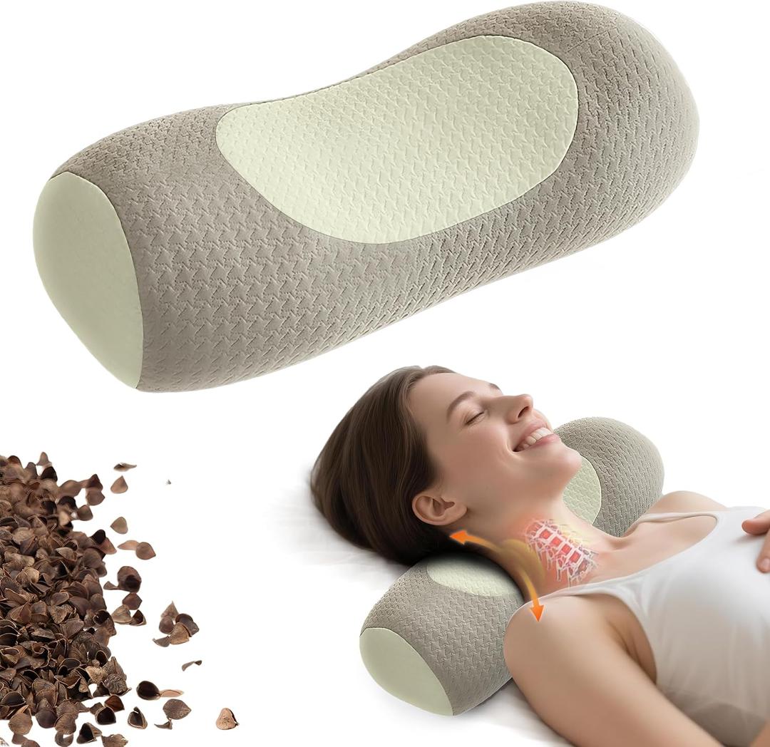 Organic Buckwheat Cervical Neck Pillow, Adjustable Neck Roll for Sleeping, Ergonomic Neck Support Bolster for Side & Back Sleepers, Firm Support Pillow for Neck Pain Relief & Spine Alignment (Warm White)