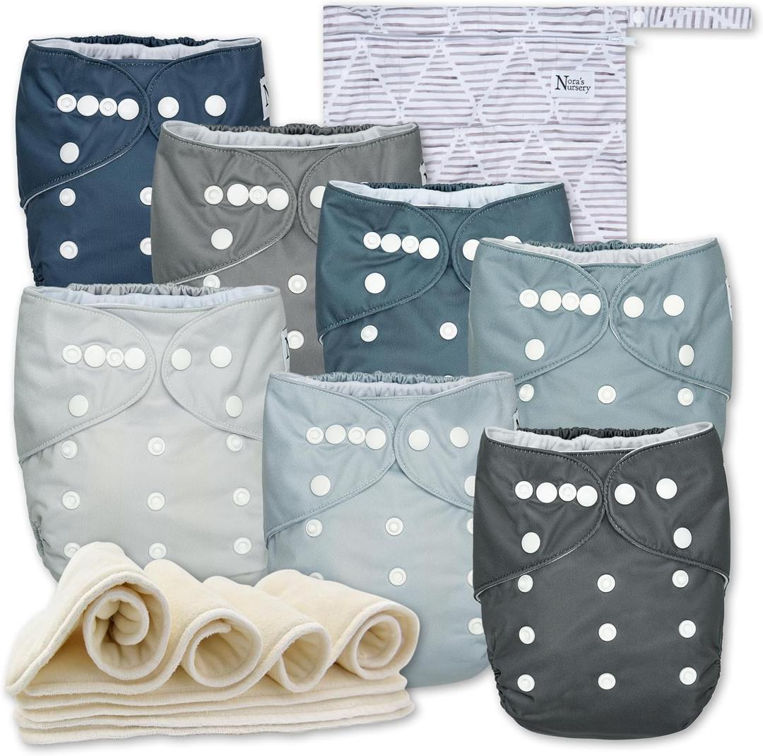 Nora's Nursery Cloth Diapers 7 Pack with 7 Inserts & 1 Wet Bag - Waterproof Cover, Washable, Reusable & One Size Adjustable Pocket Diapers for Newborns and Toddlers - Out to Sea