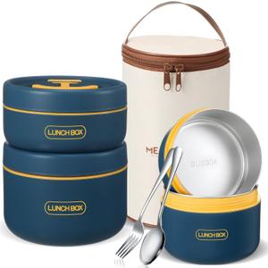 Dandat 3 Pcs Portable Insulated Lunch Container Set for Adult, Stackable Stainless Steel Bento Box for Hot Food with Insulated Lunch Bag Unisex 3 Separate Thermal Food Container (Blue)