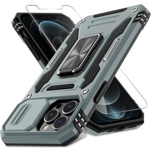 DEERLAMN Case for iPhone 13 Pro Max with Slide Camera Cover+Screen Protector(1 Pack),Rotated Ring Kickstand Military Grade Shockproof Protective Cover 6.7 Inch-Grey