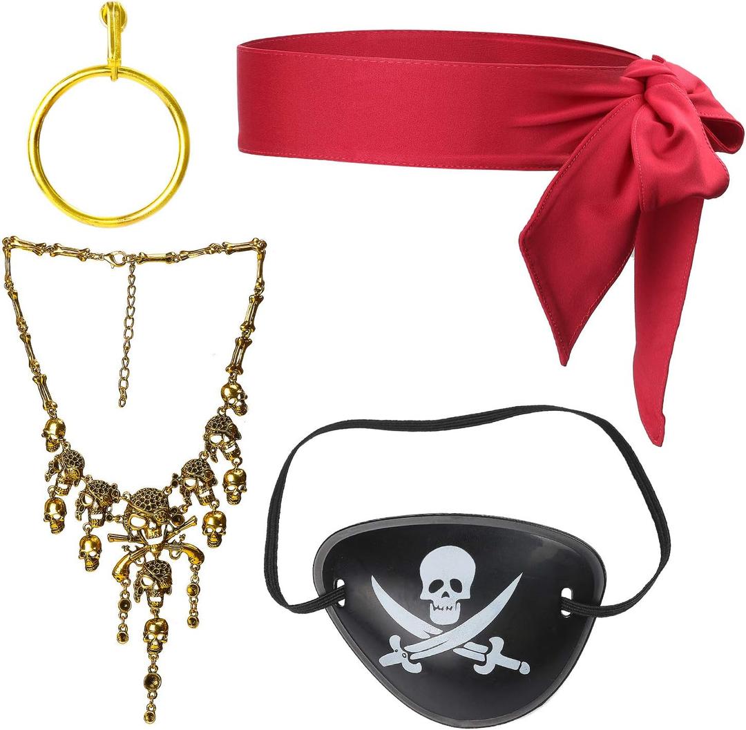 Beelittle Captain Pirate Costume Accessories Set Red Headband Pirate Skull Eye Patch Gold Earrring Necklace