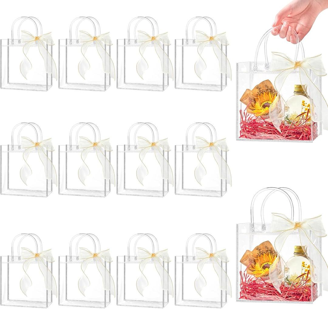 Ohuimrt 50 PCS Clear Plastic Gift Bags with Handles, 6.89 x 6.89 x 3.54 Inches Reusable Party Favor Bags with Ribbon Transparent Gift Wrap Bags Bulk for Weddings Birthdays