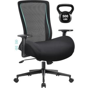 Big and Tall Home Office Desk Chair 500lb Capacity for Heavy People, Ergonomic Wide Mesh Desk Chair with Stepless Recline & Lock, 5.5" Thick Cushion, High Back, Adjustable Height & Armrests (Black)