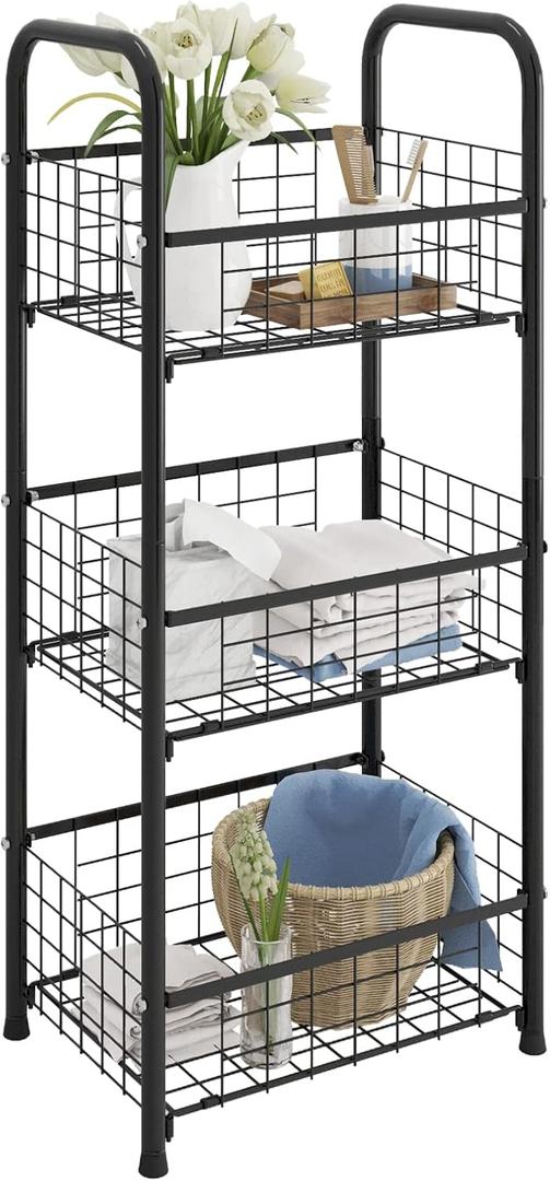 3-Tier FreeStanding Open Shelf,Bathroom Organizer Shelves Unit with Adjustable Feet, Metal Steel Storage Tower Organizer Rack Basket Cart for Bathroom, Living Room, Balcony, Kitchen