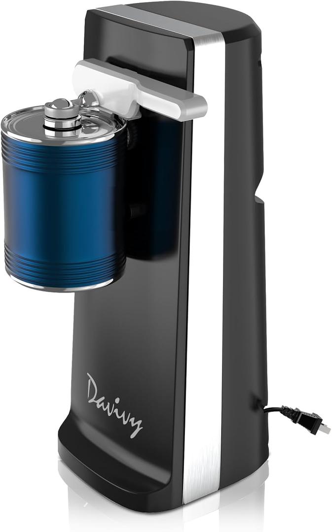 Davivy Electric Can Opener, One Touch Lid Opener, Removable Stainless Steel Cutter and 3-in-1 Design, with Sharpener and Bottle Opener (Black)