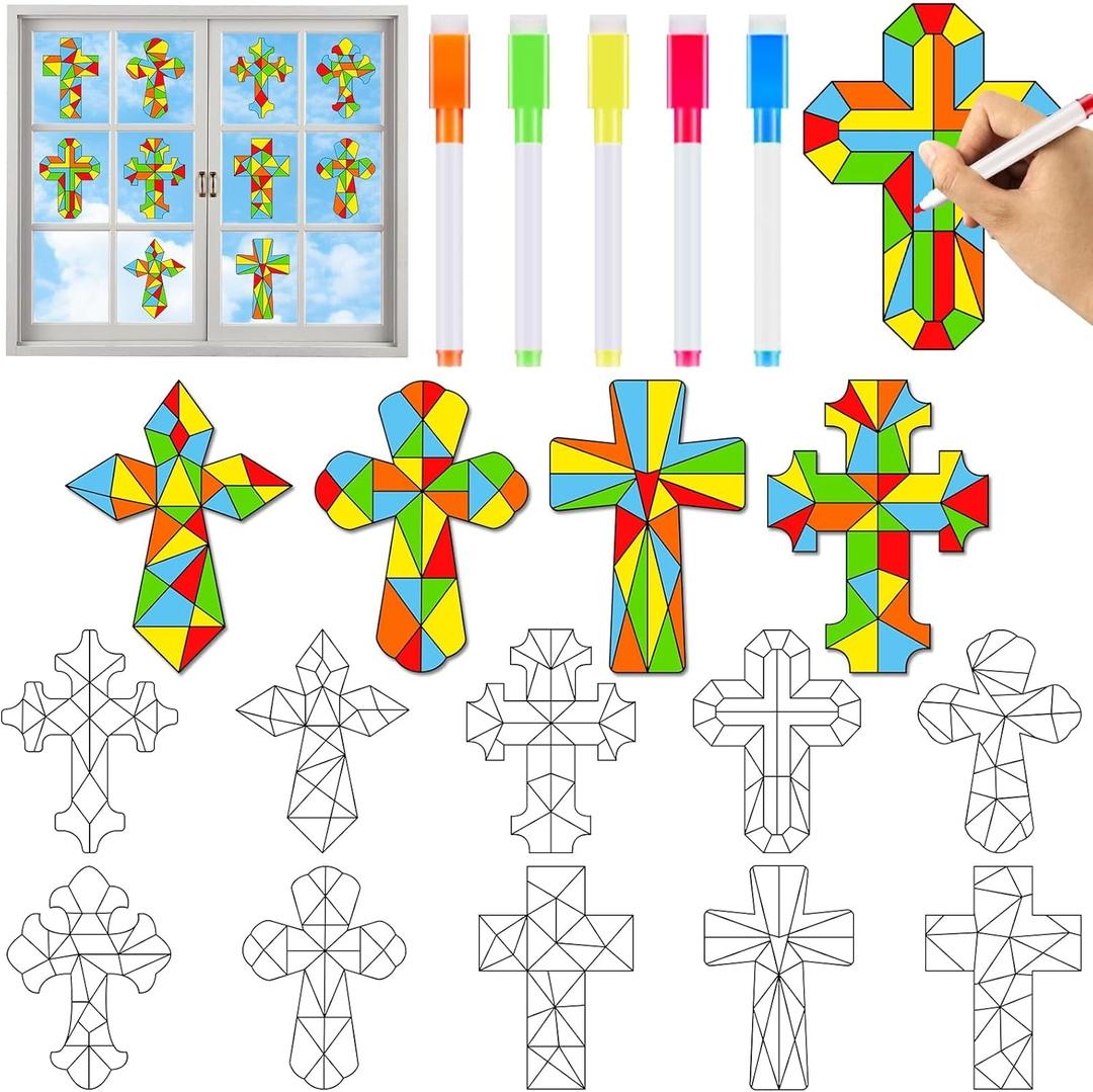 30 Pack Cross Window Suncatchers Crafts Kit for Christian Religious Bible DIY Coloring Crafts Window Clings Stickers Kit Sunday School Easter Decor with 10 Markers for Home Classroom Decorations