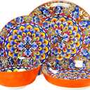Mandala Dinnerware Sets, Plates and Bowls Set, Porcelain Dishes (16 Pieces) Service for 4, Zanzibar, Bohemian Style Dining Ware, for Kitchen and Dining Multicolor Dinnerware Set, Orange