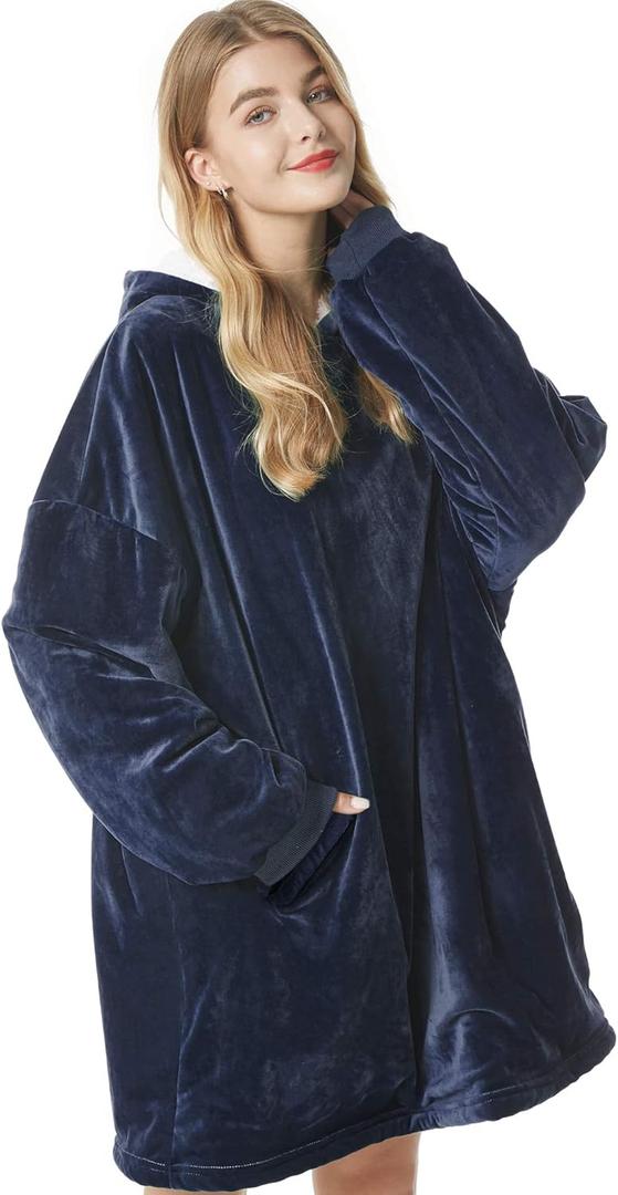 Felicigeely Blanket Hoodie Wearable Blanket Sweatshirt Oversized Hooded Blanket Sweater Gift for Women (35 inch, Blue)